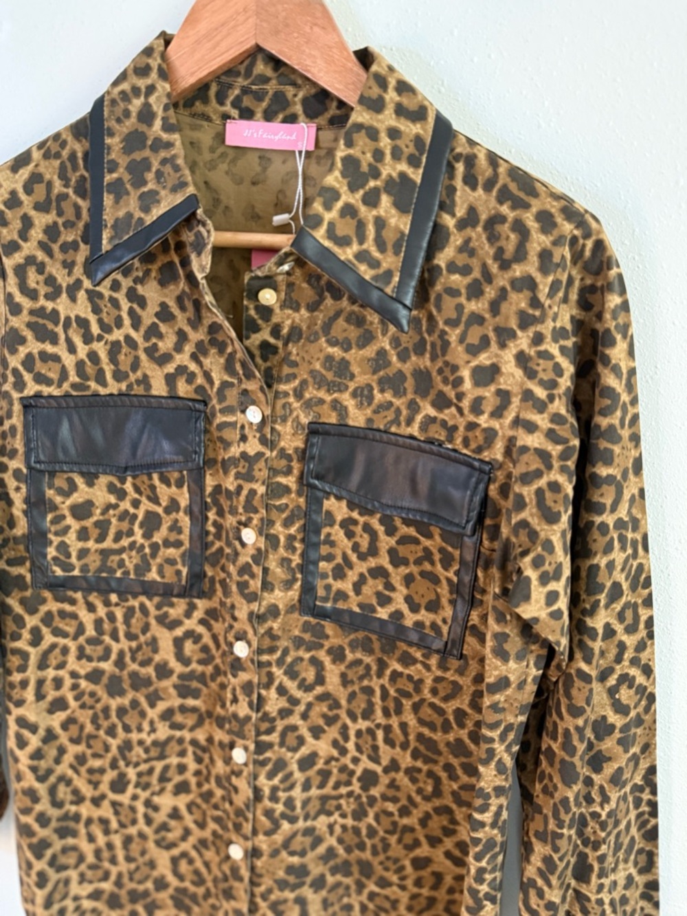 Leopard Print Button Down Shirt Faux Leather Trim Utility Top Women S - Picture 2 of 6